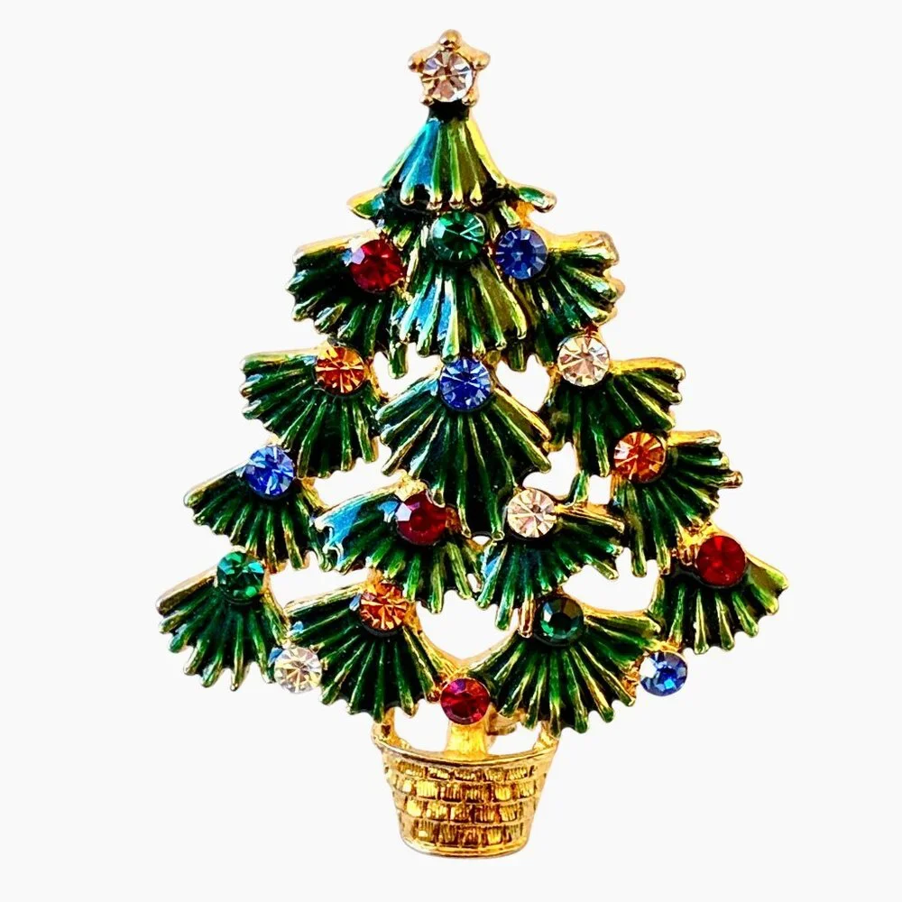 EISENBERG ICE Vintage Christmas Tree Brooch Green Enamel & Rhinestones Signed